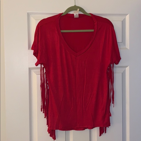 Tops - Red Short Sleeve V-Neck Top with Fringe